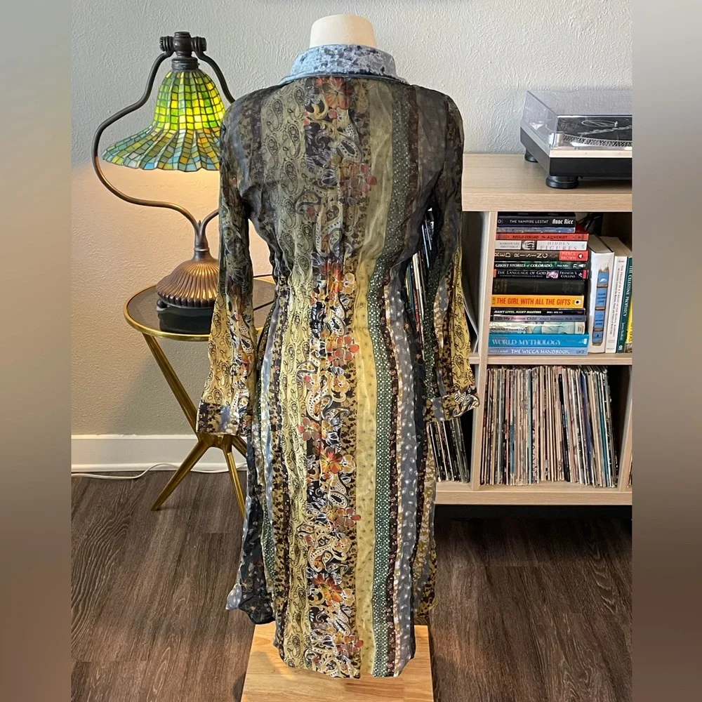 Aratta Patchwork Veltvet Collar Button Down Long Sleeve Midi Dress - Picture 3 of 6